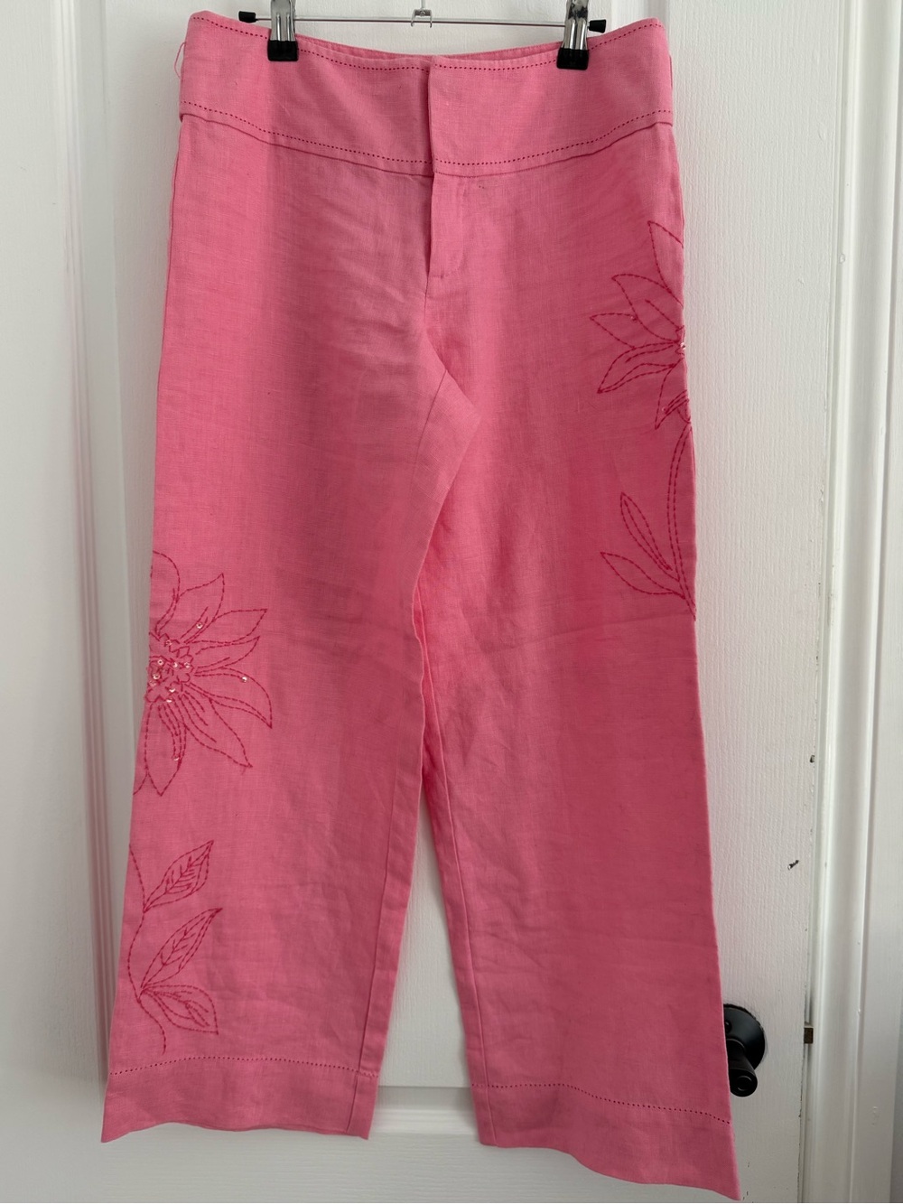 InWear Pink 100% Linen Embroidered Sequin Wide Leg Pants Size 34, fits US 2/4